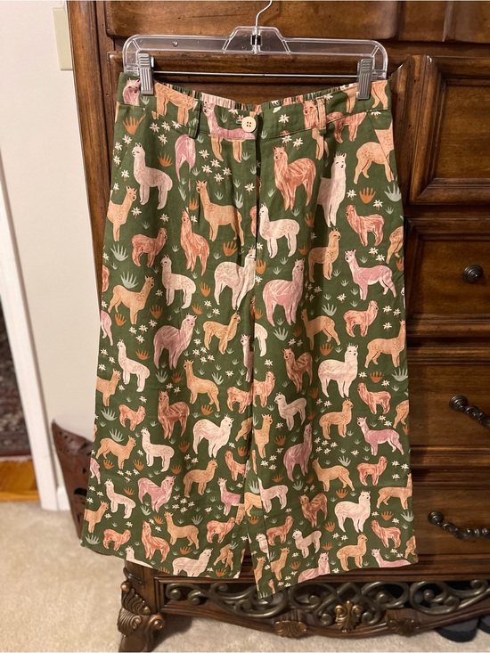 No Brand Pants - Women's Olive Green Alpaca Print Wide Leg Pants